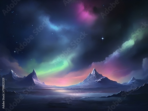 Night sky and mountains fantasy scenario background, beautiful colors and mystical vibe