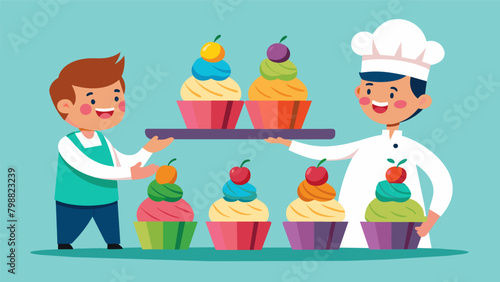 A colorful array of freshly baked cupcakes sit on a tray each one decorated with a different design. The junior chef carefully adds the final