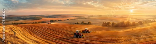 Panoramic view of a sprawling agricultural landscape at sunrise, with tractors at work in the fields, illustrating the early starts and hard work in the farming industry
