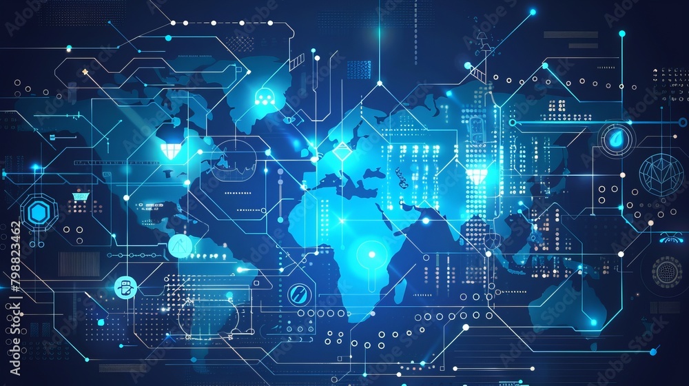 dynamic illustration depicting the interconnectedness of communication technology in the internet business world. At the center of the image lies planet Earth, dynamic illustration depicting the interconnectedness of communication technology in the internet business world. At the center of the image lies planet Earth,
