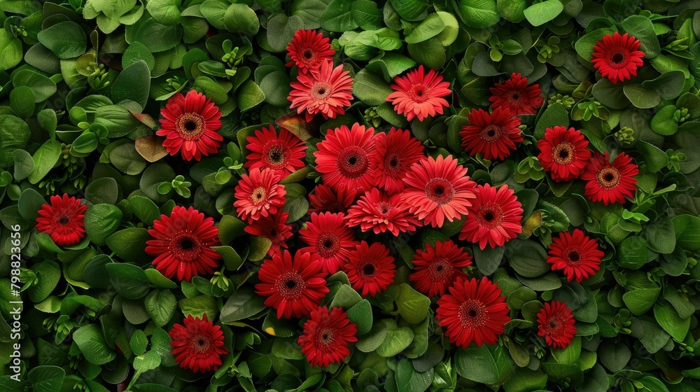 At the center of a lush green backdrop lies a strikingly large bouquet featuring vibrant red gerbera daisies all beautifully captured from an aerial perspective This picturesque scene is pe At the center of a lush green backdrop lies a strikingly large bouquet featuring vibrant red gerbera daisies all beautifully captured from an aerial perspective This picturesque scene is pe