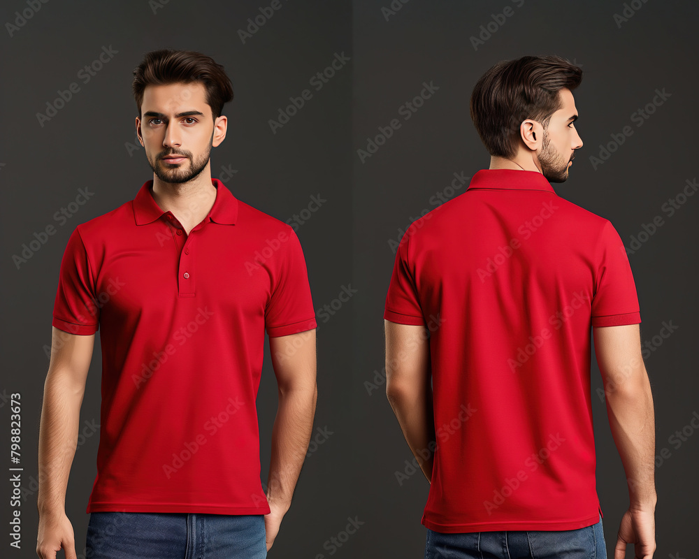 Front and back views of a man wearing a red polo shirt mockup template Front and back views of a man wearing a red polo shirt mockup template