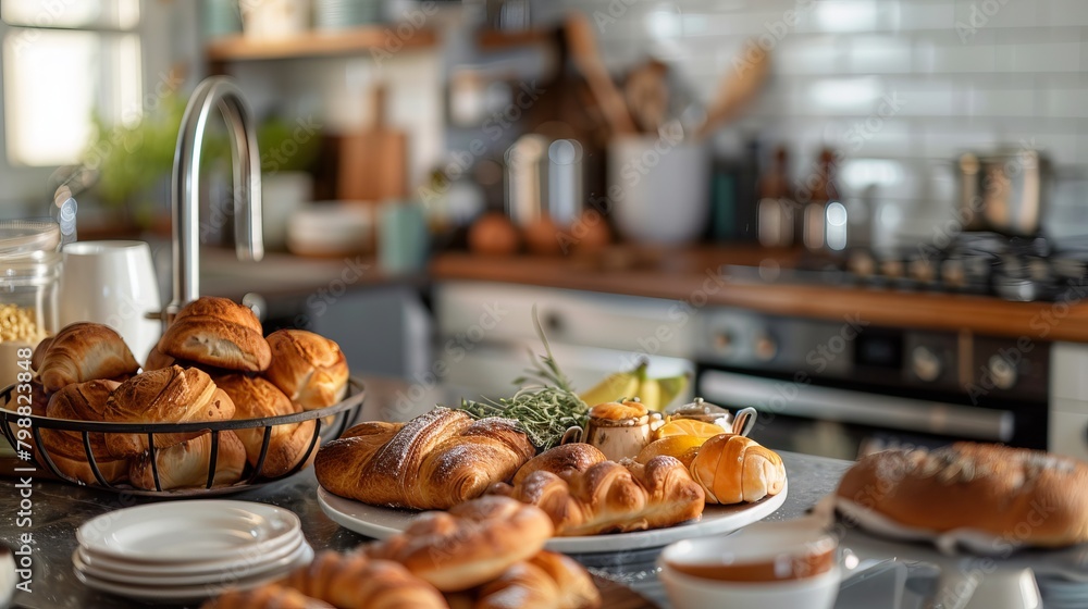 Adjacent to the toast, a bowl of ripe fruit glistens with freshness, its vibrant colors adding a touch of natural beauty to the table Meanwhile, a carton of milk stands ready to accompany the coffee