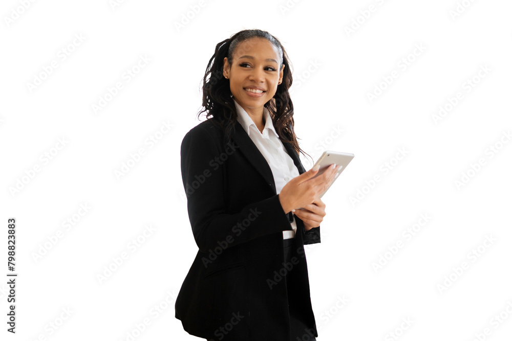 A smart female secretary in a suit uses a tablet, a cut-out background A smart female secretary in a suit uses a tablet, a cut-out background