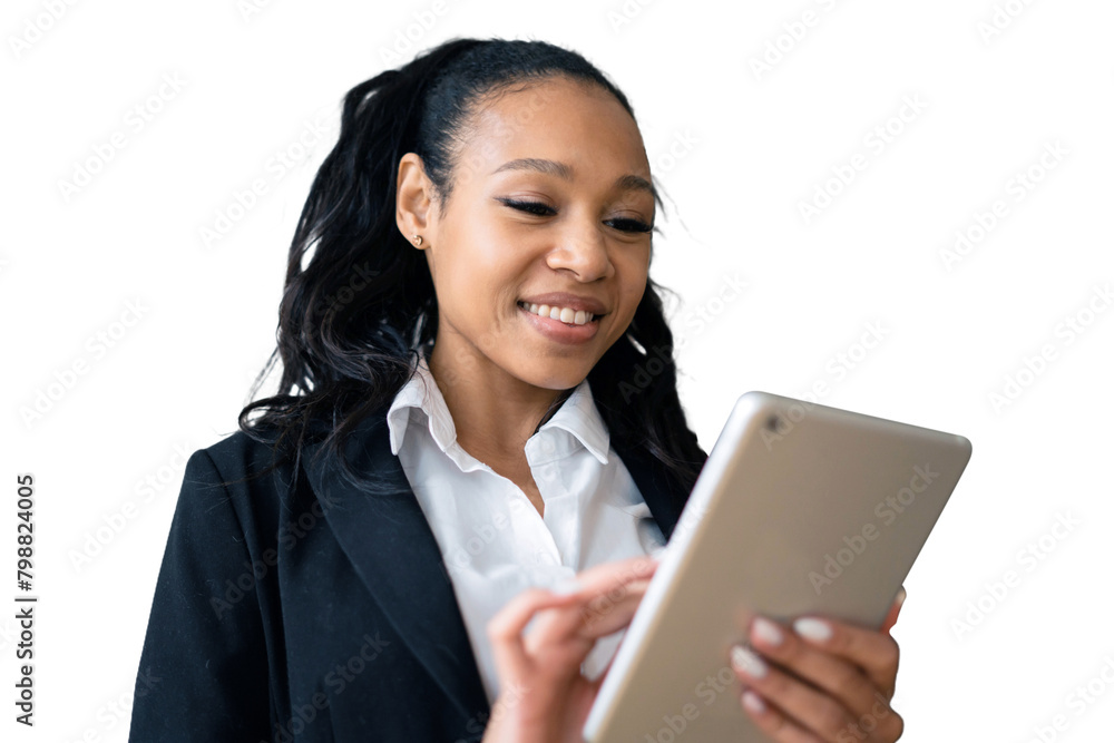 Young female secretary uses tablet, cut out background Young female secretary uses tablet, cut out background