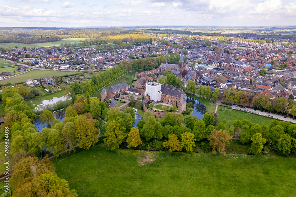 Huis Berg castle manor seen from above in Dutch province of Gelderland seen from above. Medieval brick defense building