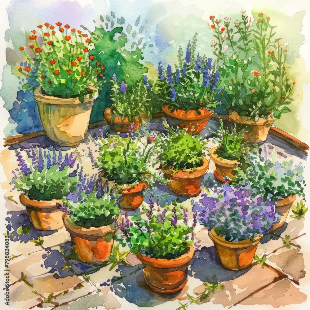 A watercolor painting of a windowsill with potted plants. A watercolor painting of a windowsill with potted plants.