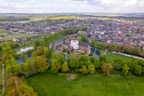 Huis Berg castle manor seen from above in Dutch province of Gelderland seen from above. Medieval brick defense building