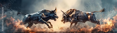 Two metal bulls fighting each other with fire and smoke in the background