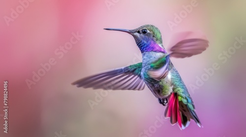 Beautiful wide-beaked colorful colibri bird flying against bokeh background