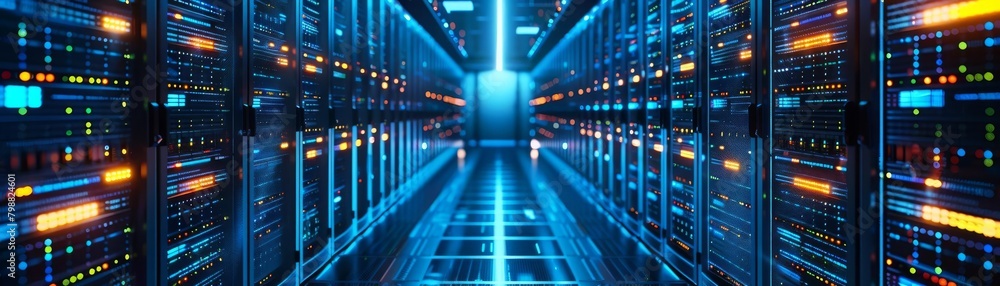 Long exposure shot server room with rows servers, glowing blue lights, and visible data cables, perfect for technology and data center themes Long exposure shot server room with rows servers, glowing blue lights, and visible data cables, perfect for technology and data center themes