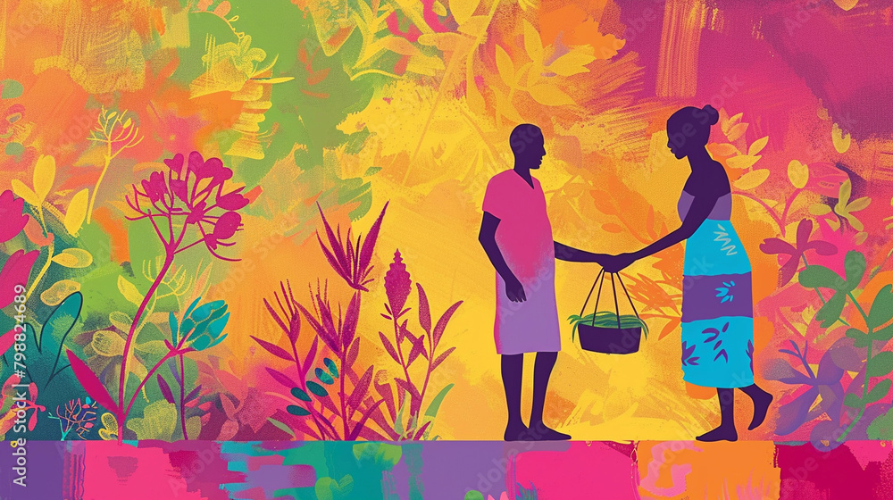 Colorful Abstract Illustration of Two Silhouetted Figures Exchanging a Gift Amidst a Vibrant Backdrop Colorful Abstract Illustration of Two Silhouetted Figures Exchanging a Gift Amidst a Vibrant Backdrop