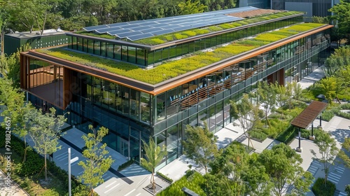 lush green roof of a modern glass and steel building
