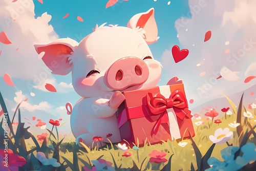 Cute cartoon pig with Valentine's gift © Yoshimura