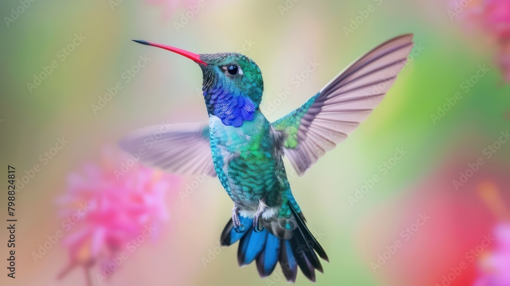 Obraz premium Beautiful wide-beaked colorful colibri bird flying against bokeh background