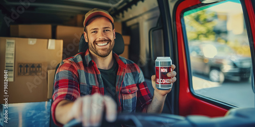 Banner photo of a smiling professional driver in a delivery truck, displaying a can of non-alcoholic beer labeled "NON-ALCOHOLIC"