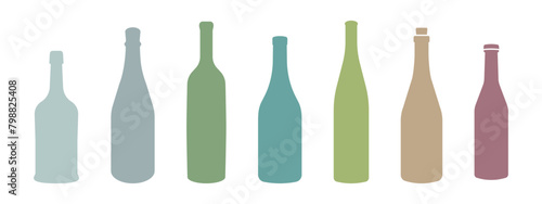 Wine bottle types vector illustrations set. Alcohol glasses abstract silhouette collection. Glass bottle types isolated. Different colored flat filled icon set.