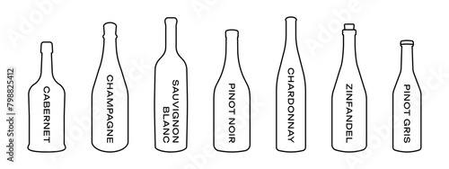 Wine bar menu illustration. Wine types collection. Alcohol bottles icon set. Champagne bottle symbol. Sauvignon, chardonnay, cabernet and zinfandel design outline isolated. photo