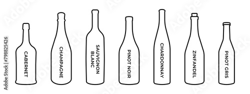 Wine bar menu illustration. Red wine types collection. Alcohol bottles icon set. Champagne bottle sign. Sauvignon, chardonnay, cabernet and zinfandel design outline isolated. photo