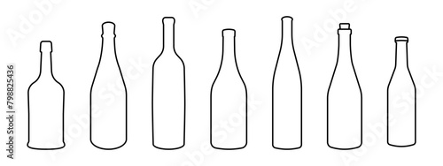 Wine bottle types vector illustrations set. Alcohol glasses abstract silhouette collection. Glass bottle types isolated. Minimal color flat line outline stroke icon set. photo