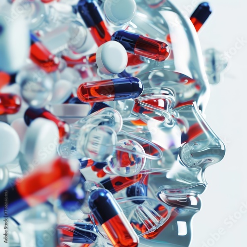 A 3D rendering of a human head made of glass with red and blue pills floating around it. photo