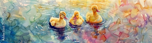 Ducklings paddle along, following ripples on a crystal lake, kawaii water color