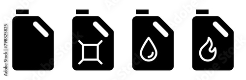 Machine oil canister black icon set. Engine oil tank symbol. Fuel canister black vector illustration. Petrol gallon icon. Gasoline jerrycan pictogram isolated.