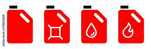 Machine oil canister red icon set. Engine oil tank symbol. Fuel canister red vector illustration. Petrol gallon icon. Gasoline jerrycan pictogram isolated.