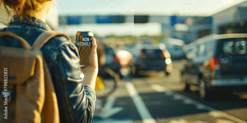 A woman is holding a can of non-alcoholic beer while standing in a busy street