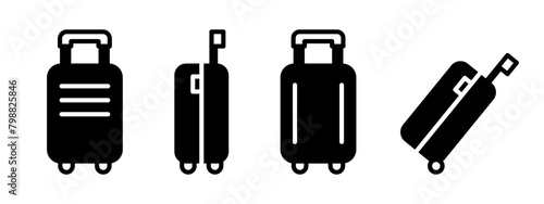 Suitcase black icon set. Travel bag vector symbols. Trip baggage black illustration isolated.
