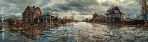 A flooded street with abandoned houses photo