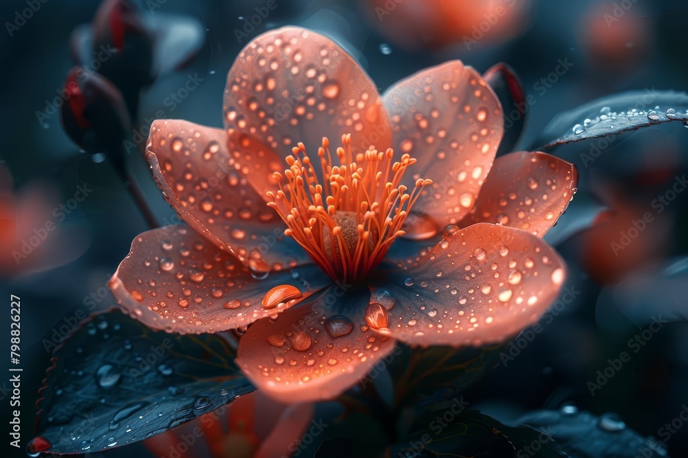 A macro photo of a flower with raindrops on its petals. A macro photo of a flower with raindrops on its petals.