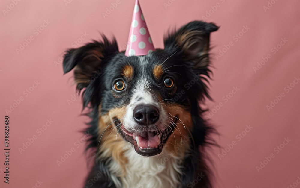 Party Pooches: a border collie Dog Wearing Cone Hats in Vibrant Studio Portraits, pink background