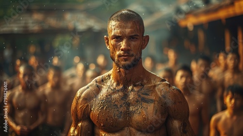 A shirtless man with a shaved head and tribal tattoos on his face and chest stands in the rain photo