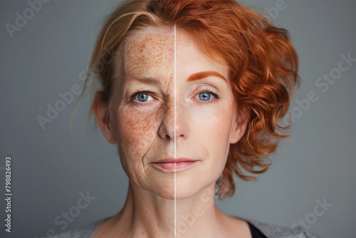 Woman adapts to young aging lifestyles age defying transitions, incorporating face lift techniques and wrinkle reduction in a conceptual aging awareness illustration.