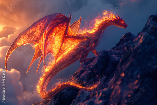 2. Fire-Breathing Guardian: Perched on the edge of a towering cliff, a fearsome dragon spreads its wings wide, its fiery breath illuminating the night sky with an otherworldly glow © Наталья Евтехова