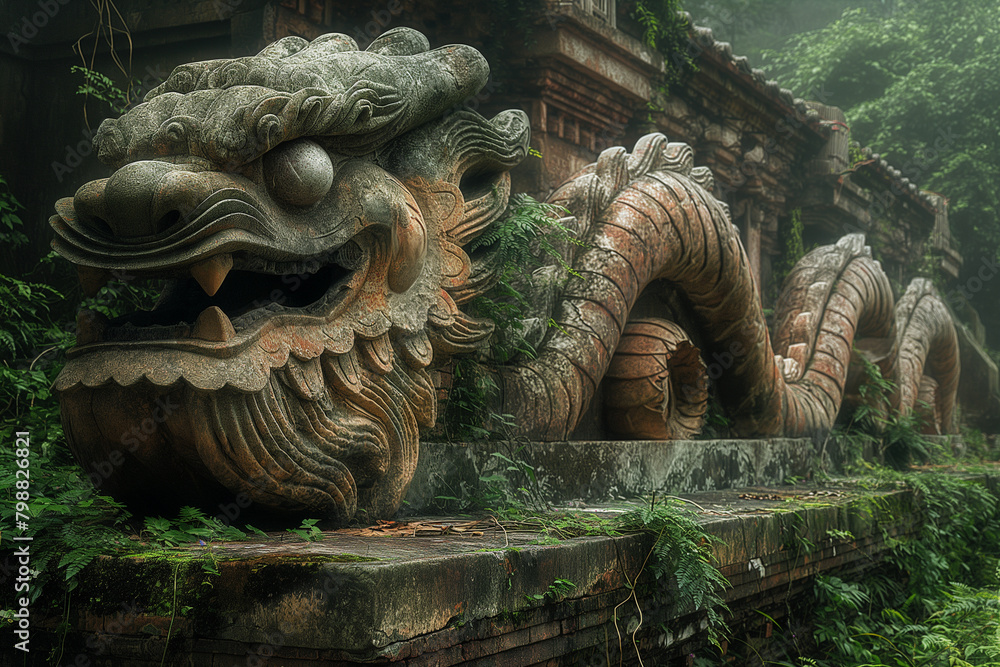 6. Ancient Dragon Temple: Amidst the crumbling ruins of an ancient temple, a colossal dragon statue looms large, its weathered stone form a testament to the passage of time. Around 6. Ancient Dragon Temple: Amidst the crumbling ruins of an ancient temple, a colossal dragon statue looms large, its weathered stone form a testament to the passage of time. Around