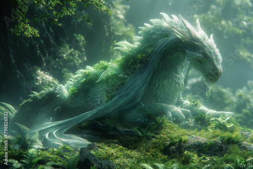 1. Mystical Dragon Lair: Deep within a mist-shrouded forest, a mighty dragon rests atop a bed of shimmering treasure, its scales gleaming in the soft light filtering through the de