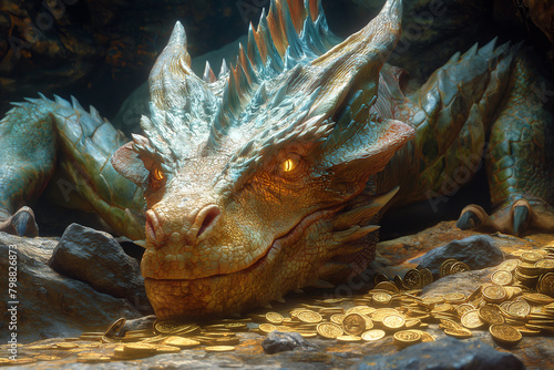 7. Dragon's Hoard: Within the depths of a vast cavern, a dragon reclines amidst a hoard of glittering treasure, its eyes gleaming with avarice as it guards its wealth from would-be