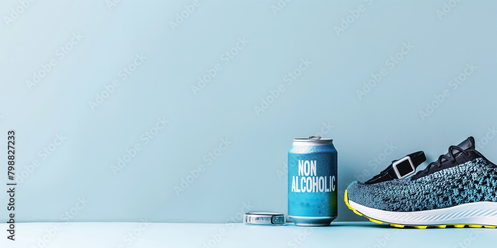 A can non-alcoholic of beer sits next to a pair of sneakers