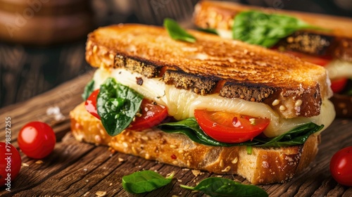 Toasted cheese sandwich topped with cherry tomatoes spinach and basil on a wooden surface shot up close