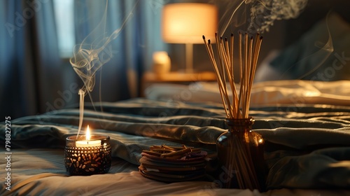 Imagine a tranquil scene in a cozy bedroom, where a bedside table adorned with delicate incense sticks invites you to unwind and relax. This serene tableau exudes a sense of calm and tranquility,