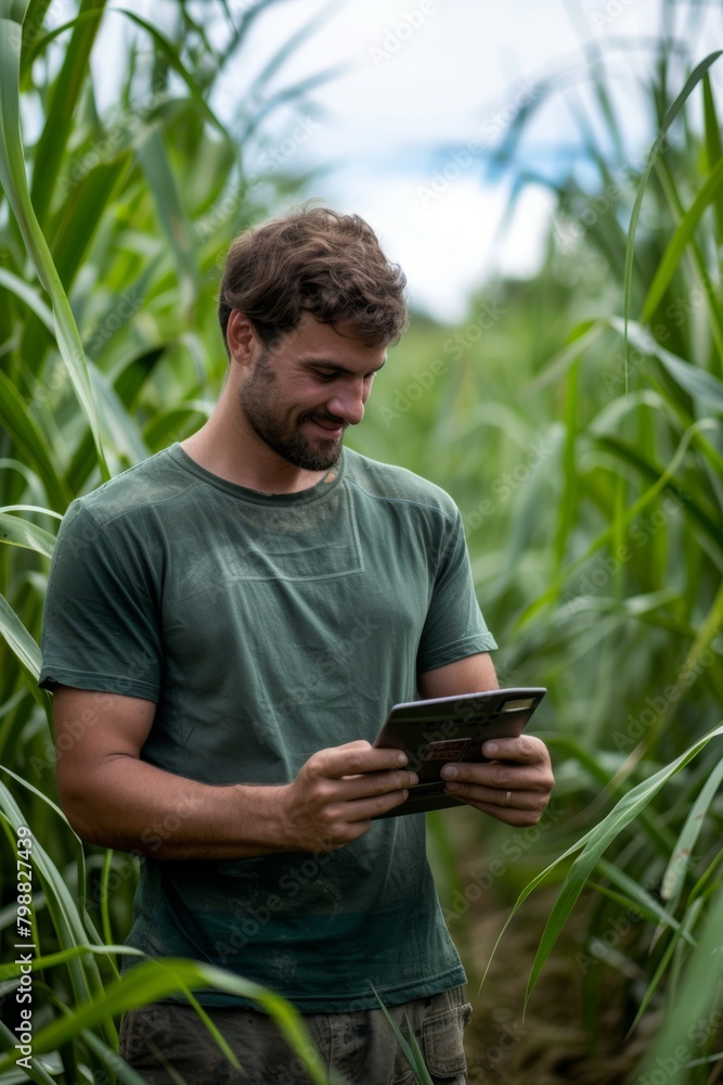 specialist standing the field of sugar cane and using tablet computer, green t-shirt specialist standing the field of sugar cane and using tablet computer, green t-shirt