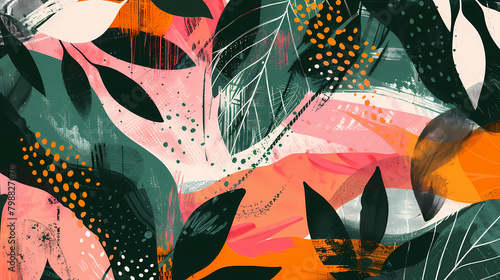 Abstract Tropical Foliage Artwork with Vibrant Colors and Textured Patterns