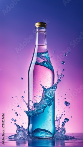 A promotional photo of a glass beverage bottle floating in the air, scattered with small pieces of ice.