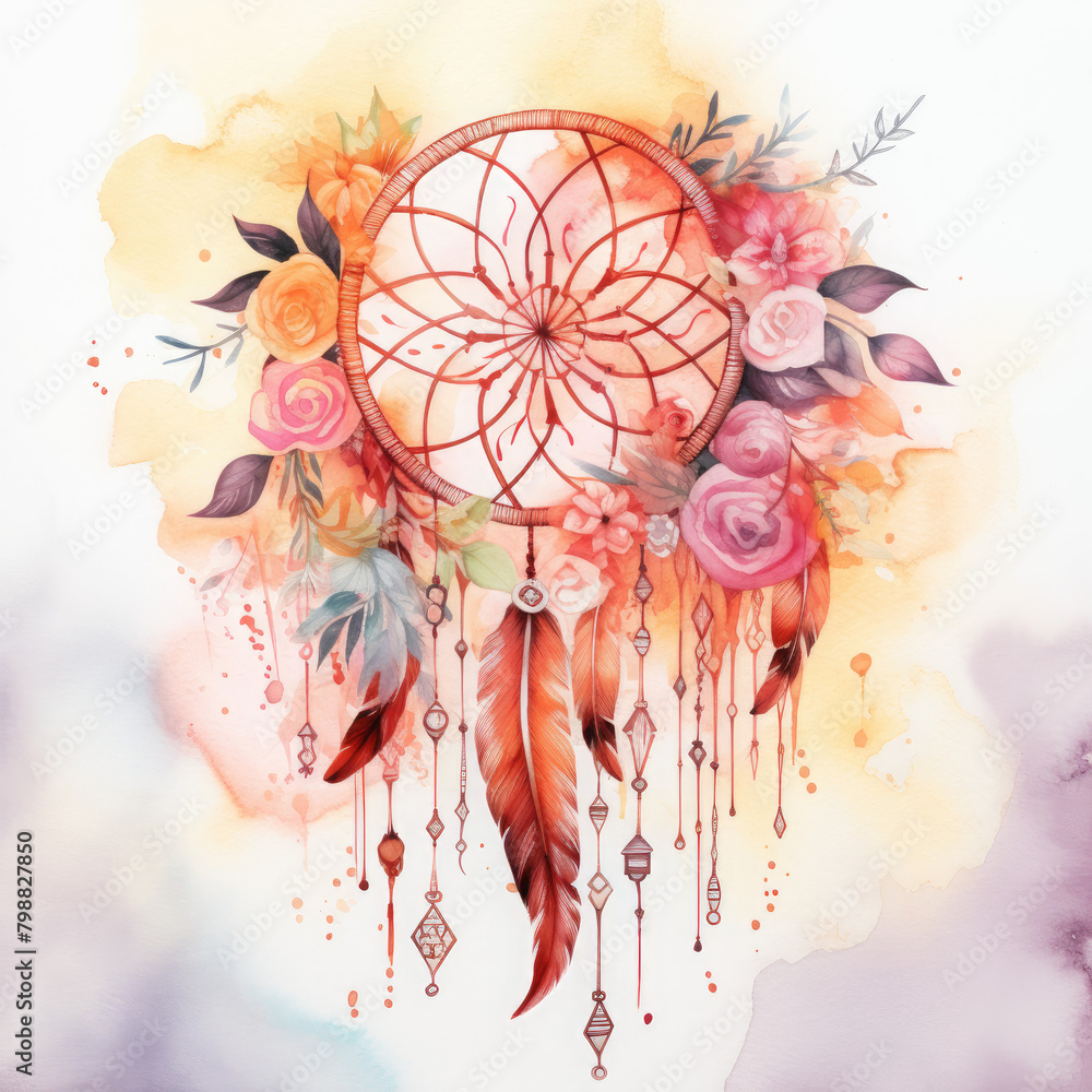 A watercolor painting of a dreamcatcher with pink, yellow and orange flowers and feathers. - obrazy, fototapety, plakaty 