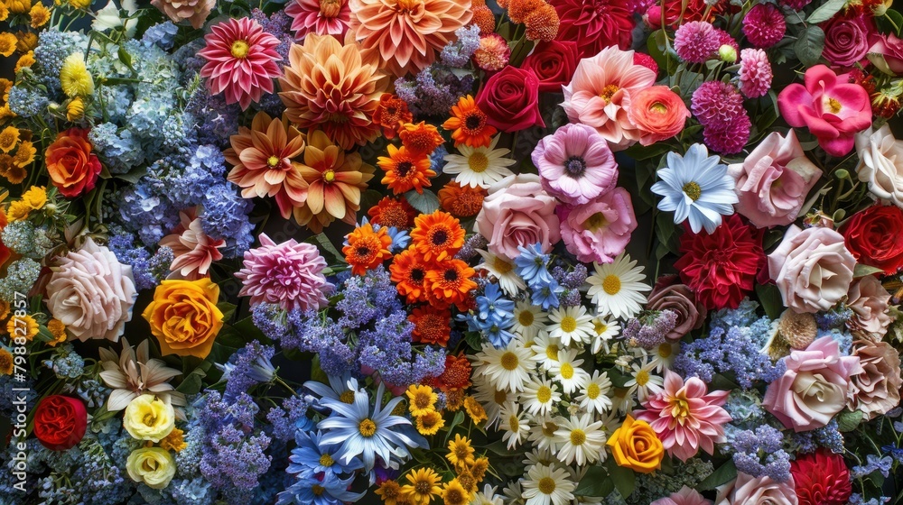 A stunning and vibrant display of flowers on a wall A stunning and vibrant display of flowers on a wall
