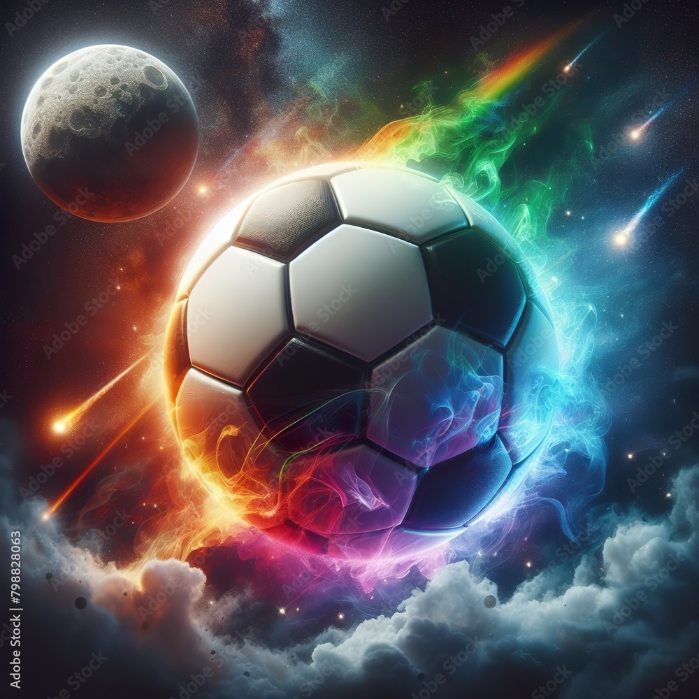 Naklejka premium a photo realistic soccer ball as a planet in space with rainbow smoke and explosions, digital art