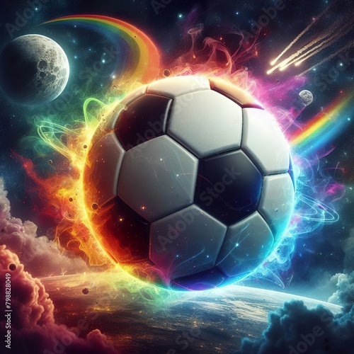 a photo realistic soccer ball as a planet in space with rainbow smoke and explosions, digital art