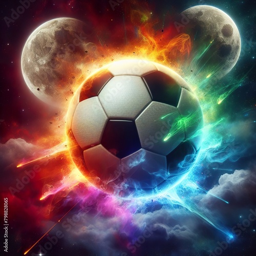 a photo realistic soccer ball as a planet in space with rainbow smoke and explosions  digital art